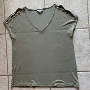 Lucky Brand V Neck Olive Green Top with Mother of Pearl Button Shoulder basic